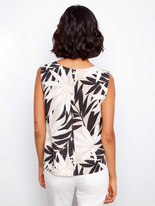 Printed Sleeveless Blouse With Back Button Detail