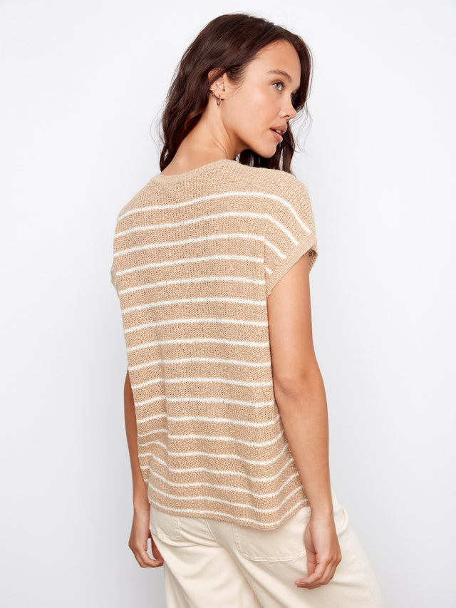 Striped Drop Cap Sleeve Crew Neck Sweater