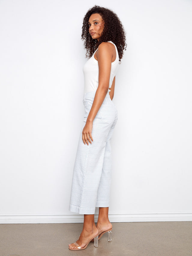 Yarn Dye Striped Twill Cropped Patch Pocket Flare Pants