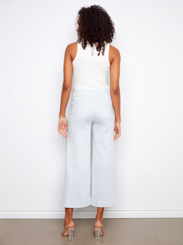 Yarn Dye Striped Twill Cropped Patch Pocket Flare Pants