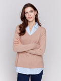 V-Neck Fooler Sweater with Shirt Collar