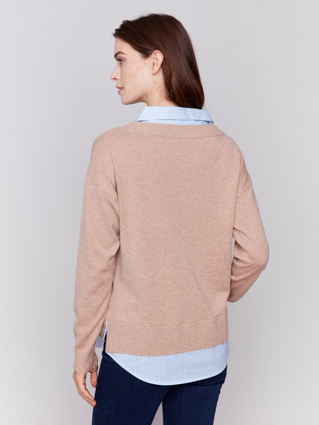 V-Neck Fooler Sweater with Shirt Collar