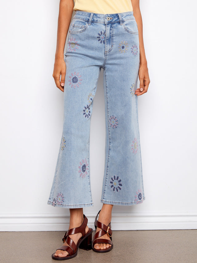 Wide Leg Stretch Denim Pants With All Over Pixelated Flower Embroidery