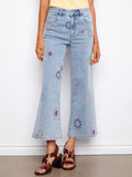 Wide Leg Stretch Denim Pants With All Over Pixelated Flower Embroidery