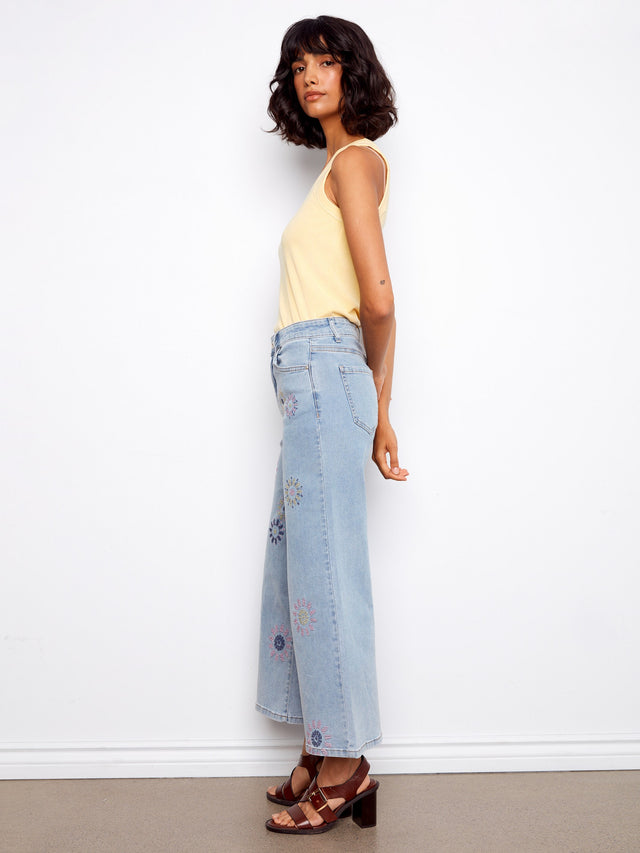 Wide Leg Stretch Denim Pants With All Over Pixelated Flower Embroidery
