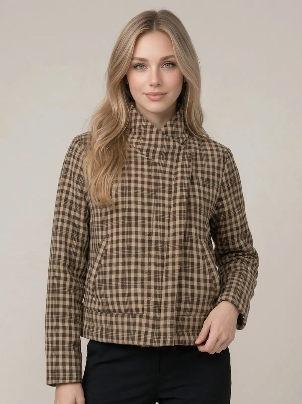 Plaid Padded Asymmetry Jacket w/ Front Zip Up