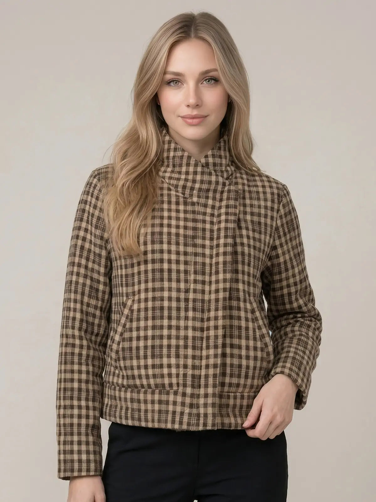 Plaid Padded Asymmetry Jacket w/ Front Zip Up
