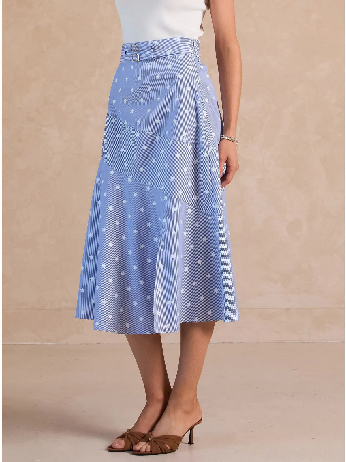 Stripe Star Print Belted A-Line Midi Skirt
