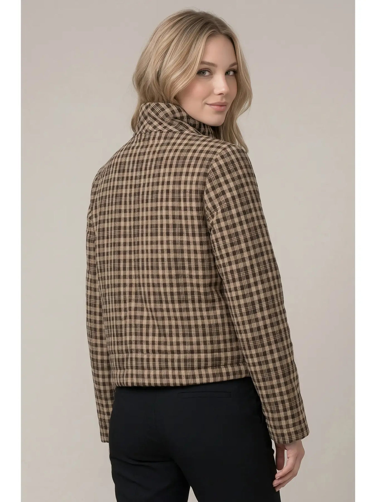 Plaid Padded Asymmetry Jacket w/ Front Zip Up