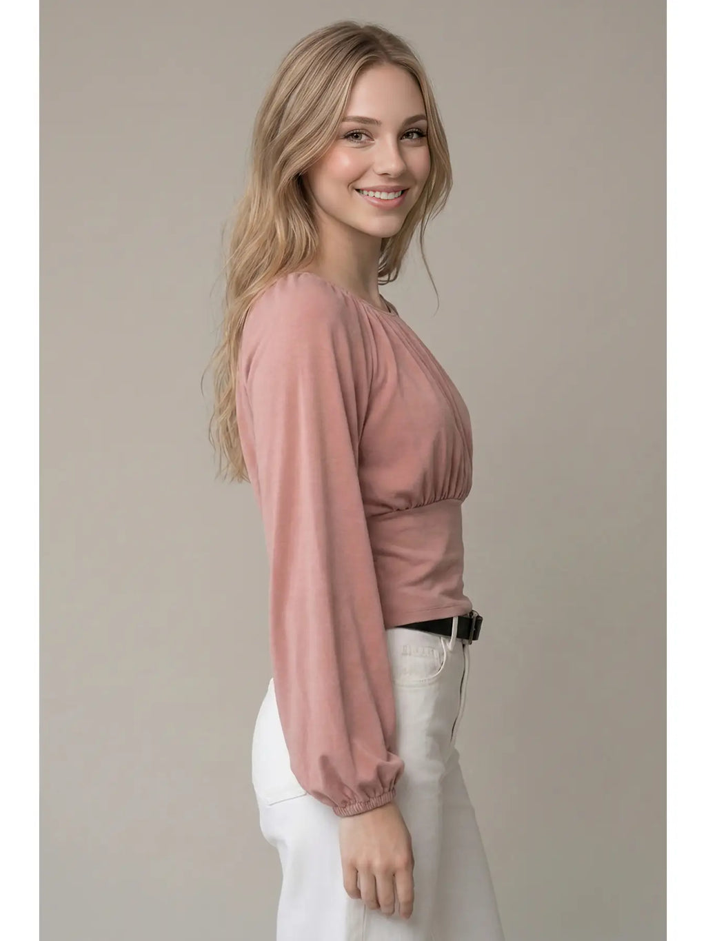 Soft Brushed Knit Flowy Ruched Balloon Sleeve Top