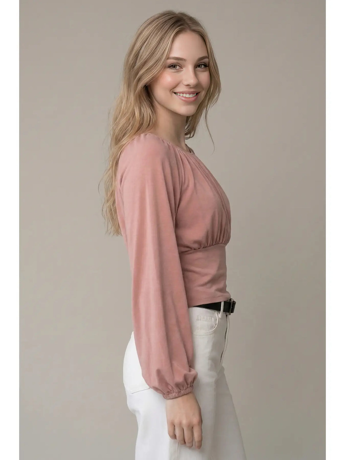 Soft Brushed Knit Flowy Ruched Balloon Sleeve Top