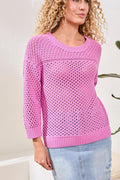 Crew Neck Open-Stitch 3/4 Sleeve Sweater