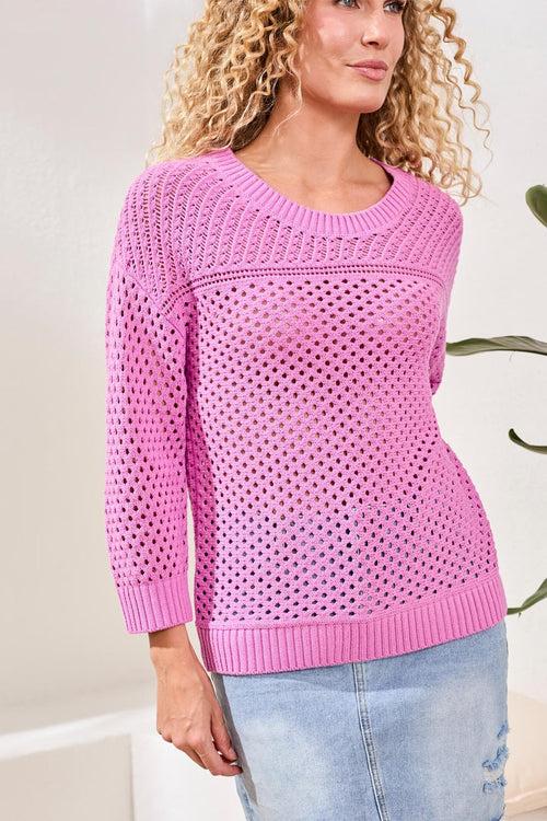 Crew Neck Open-Stitch 3/4 Sleeve Sweater