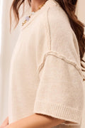 Drop Shoulder Elbow Sleeve Crew Neck Light Knit Sweater