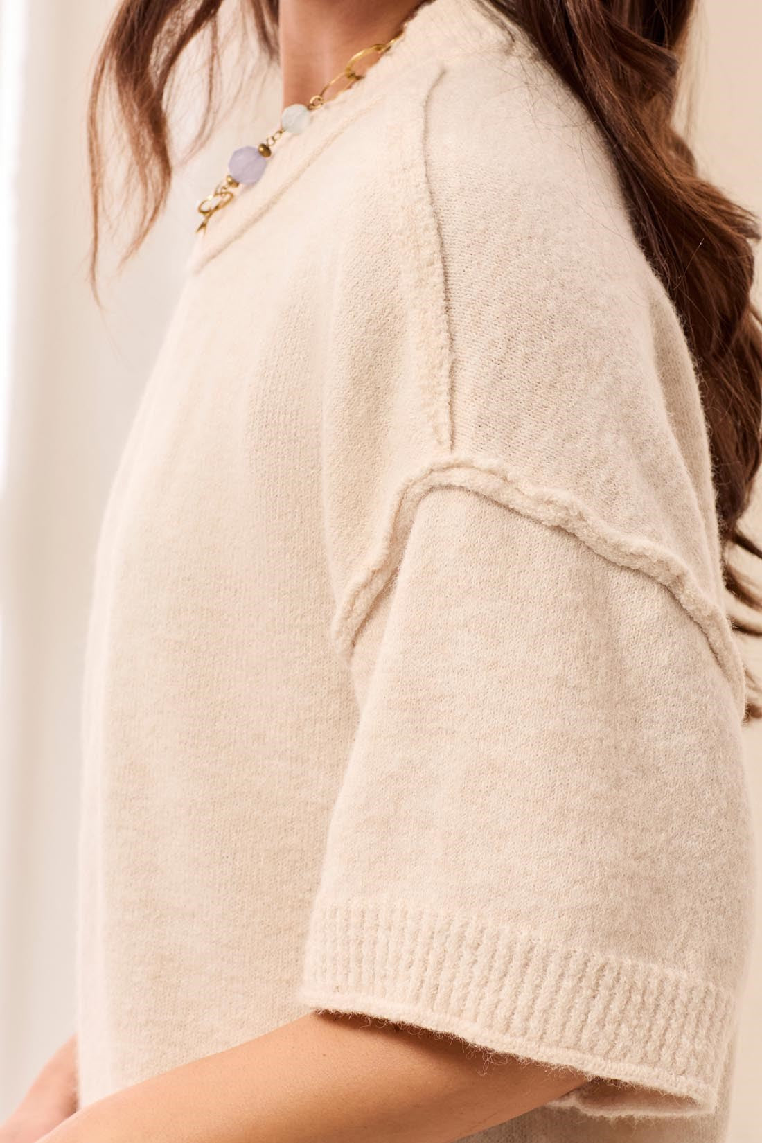 Drop Shoulder Elbow Sleeve Crew Neck Light Knit Sweater