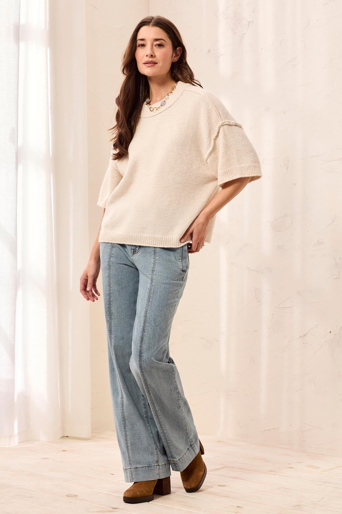 Drop Shoulder Elbow Sleeve Crew Neck Light Knit Sweater