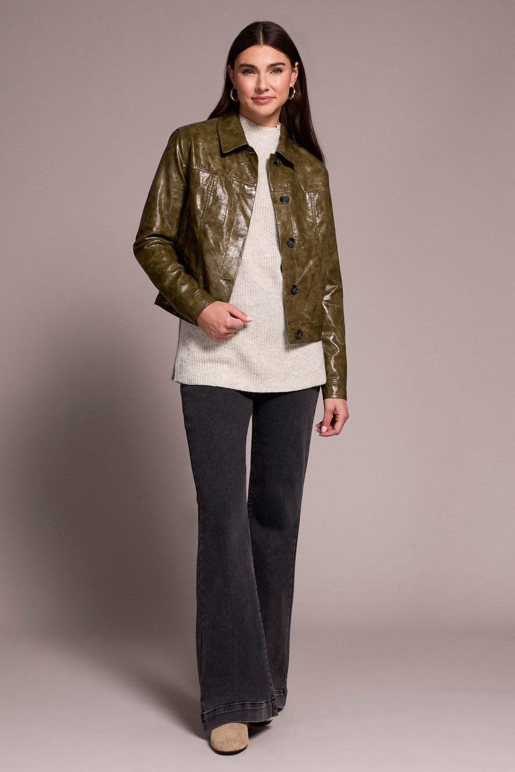 Faux Leather Button-Front Collar-Accent Jacket