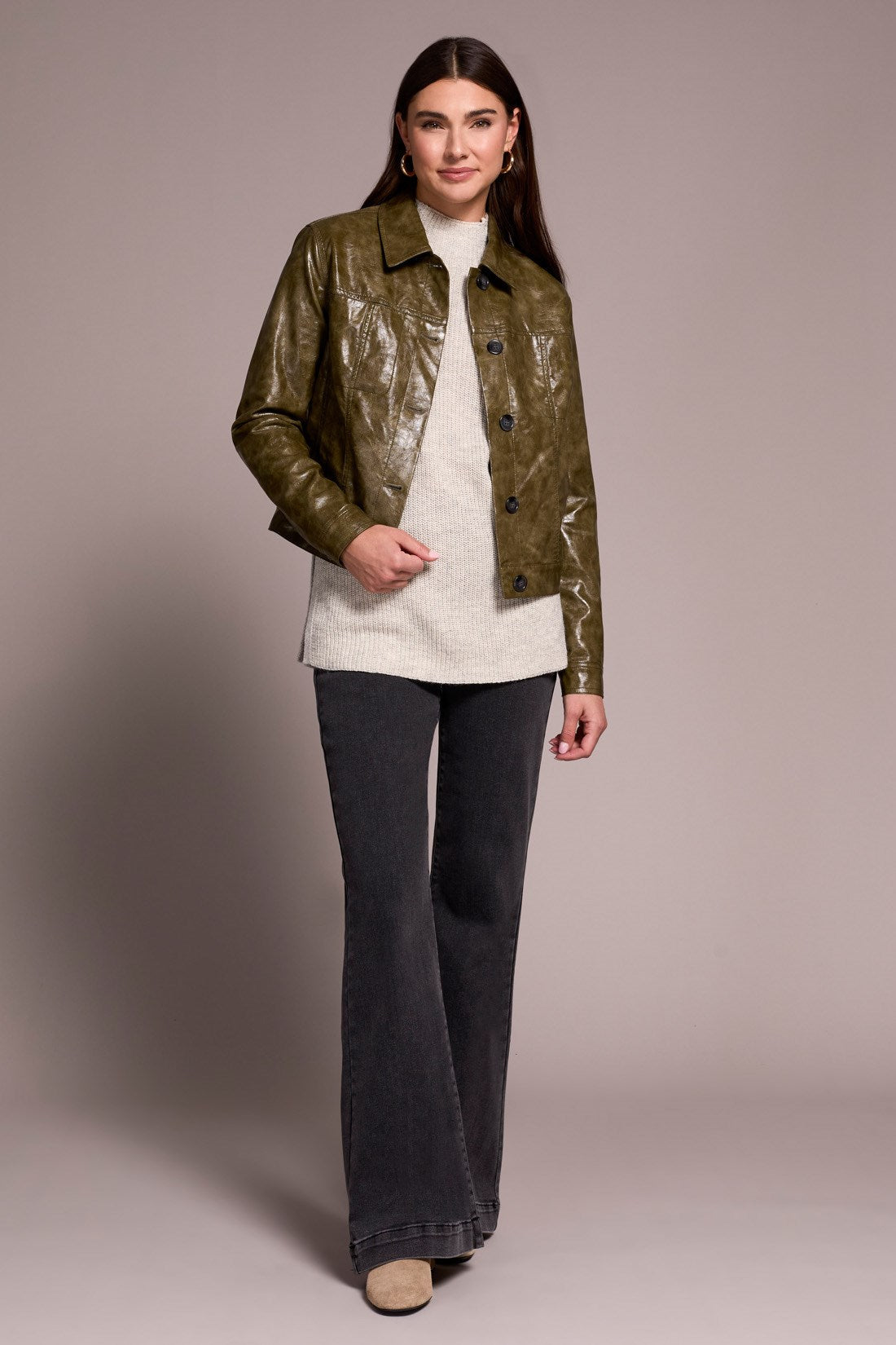 Faux Leather Button-Front Collar-Accent Jacket
