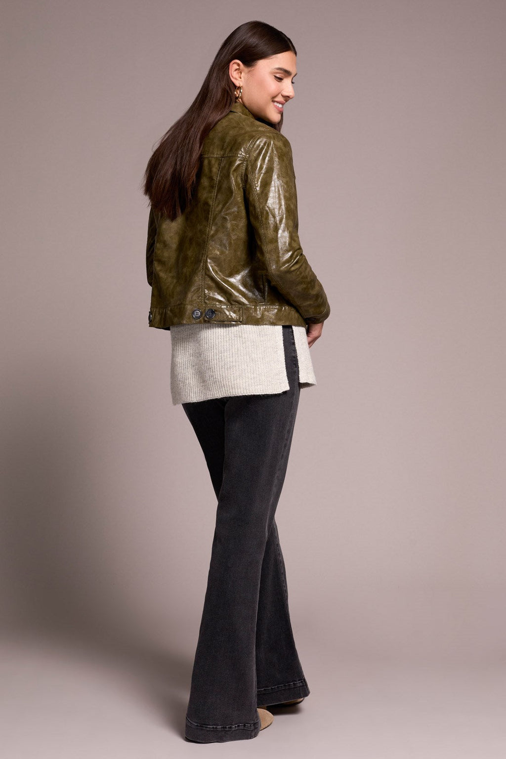 Faux Leather Button-Front Collar-Accent Jacket