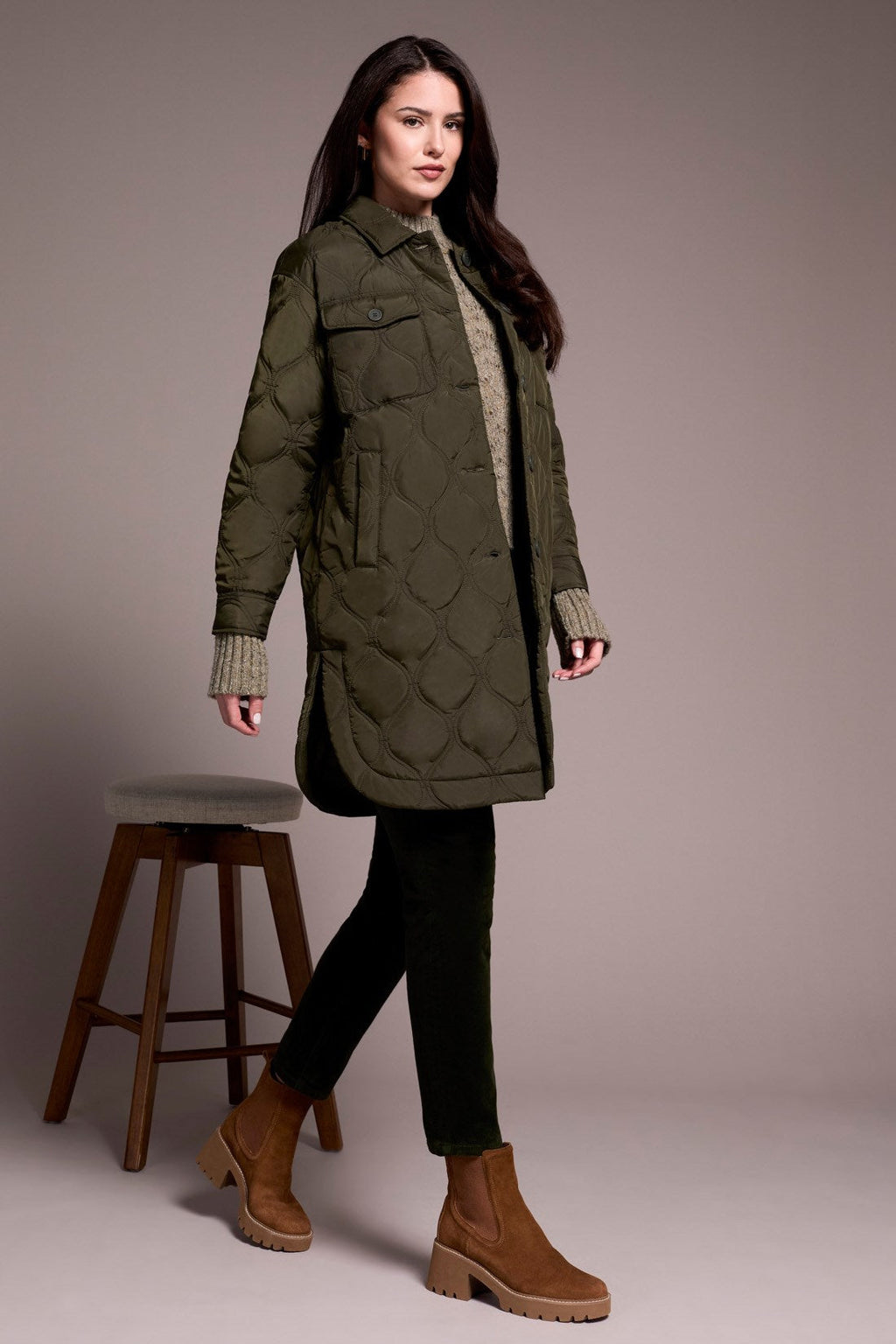 Long Quilted Button-Up Jacket With Pockets