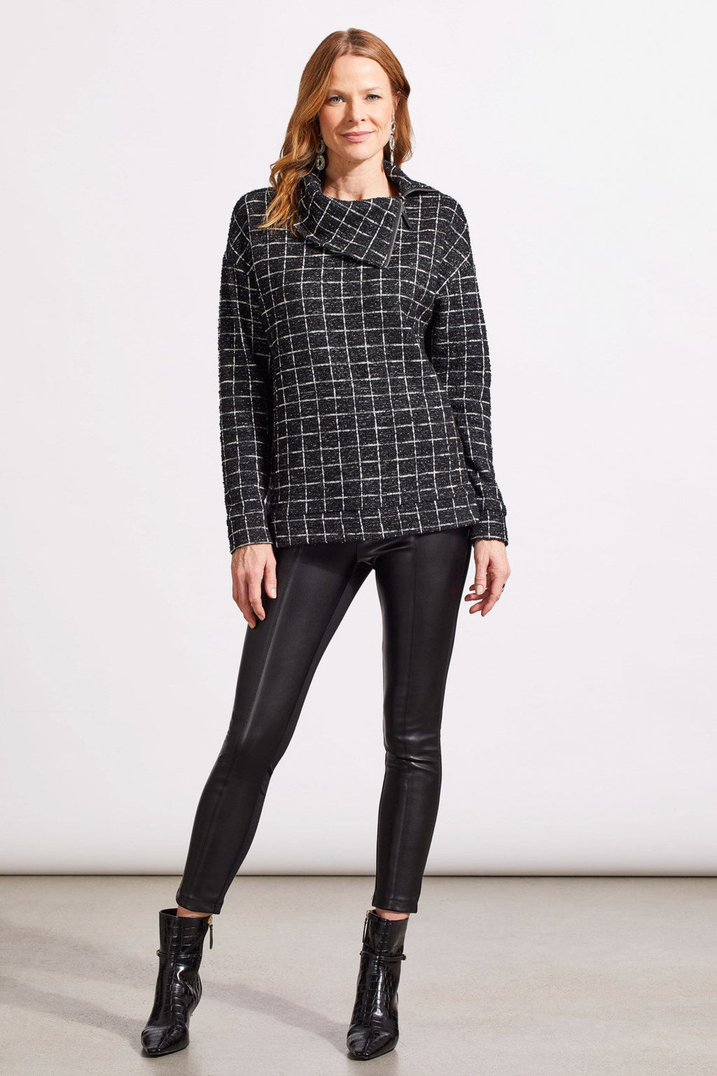 Shiny Thread Split Neck Top with Zippered Collar