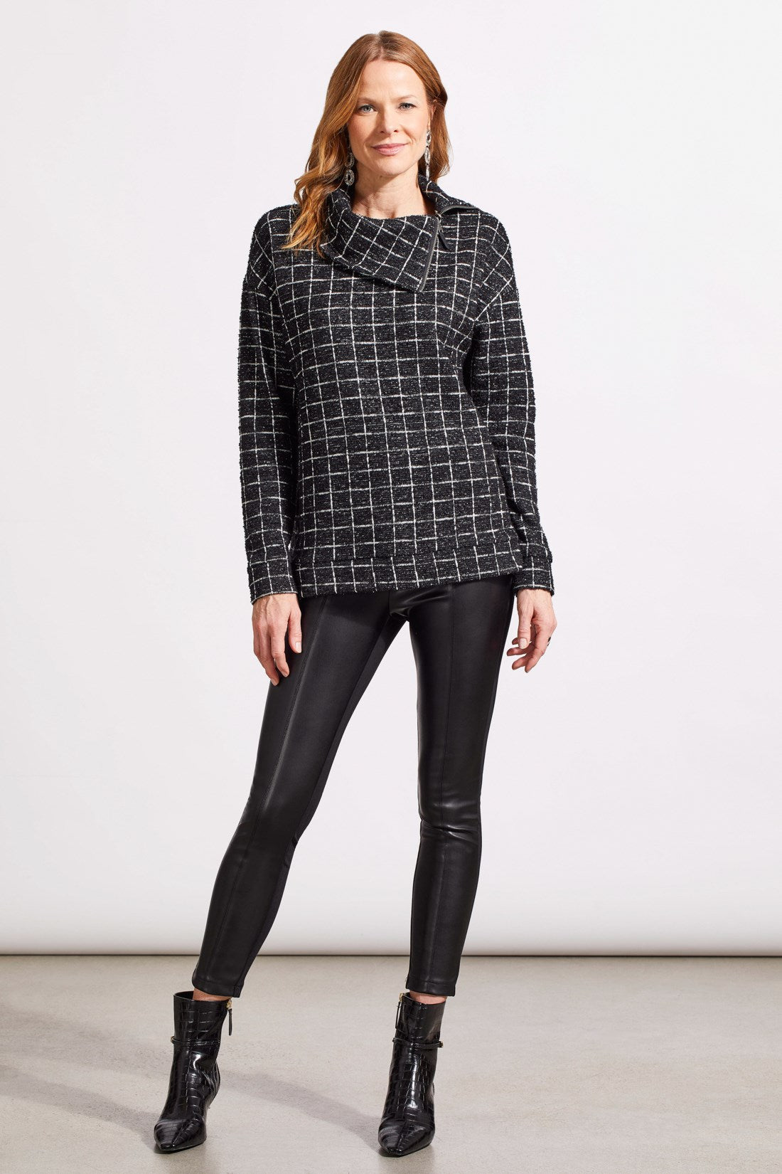 Shiny Thread Split Neck Top with Zippered Collar