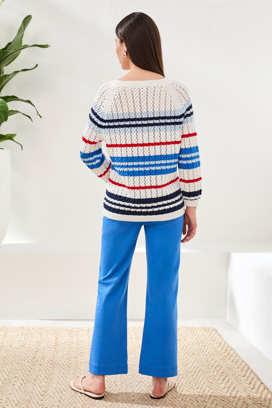 Striped Cotton Crew Neck Sweater With Cable Detail