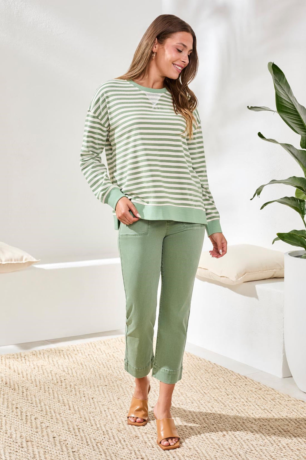 Striped French Terry Crew Neck Top With Combo Trim