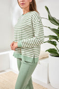 Striped French Terry Crew Neck Top With Combo Trim