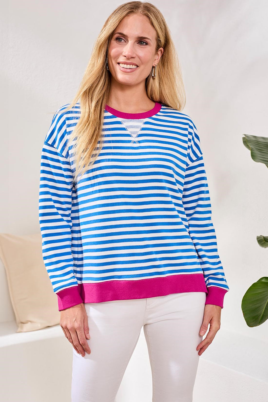 Striped French Terry Crew Neck Top With Combo Trim