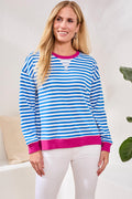 Striped French Terry Crew Neck Top With Combo Trim