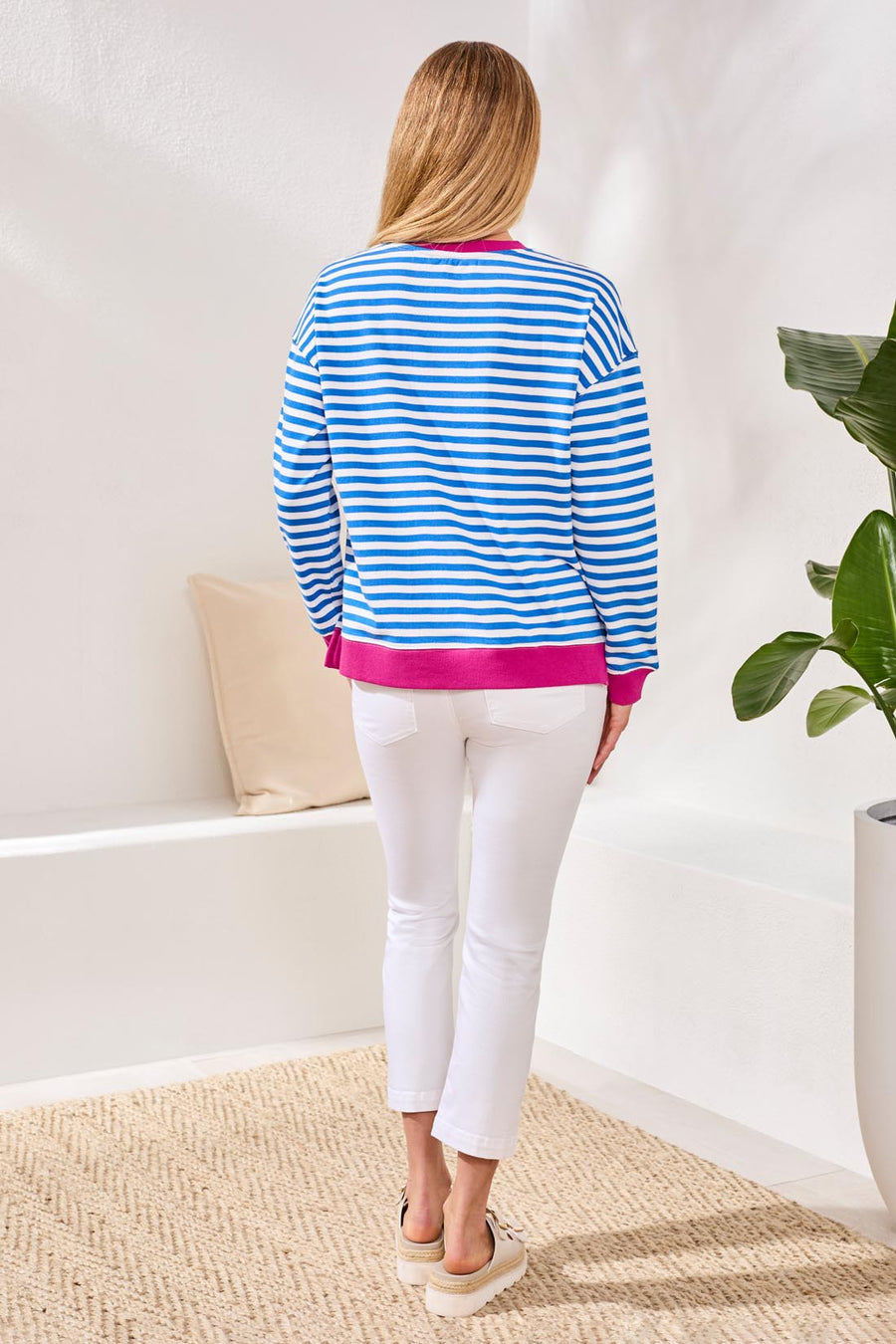 Striped French Terry Crew Neck Top With Combo Trim