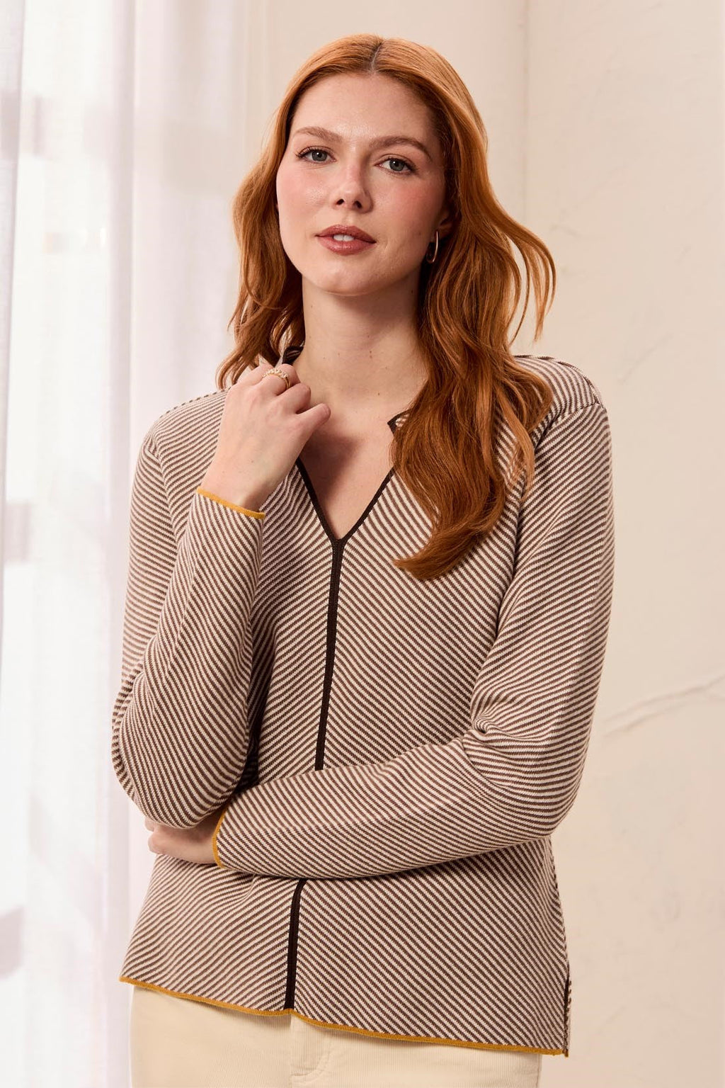 Textured Diagonal Stripe Split Neck Sweater