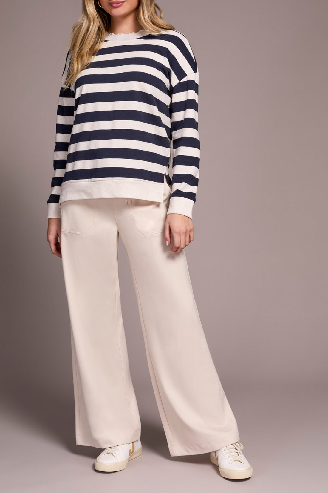 Long Sleeve Crew Neck Top w/ Rib Detail