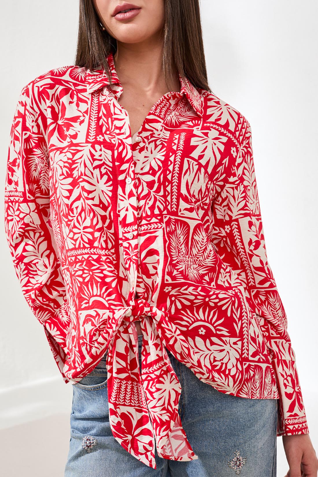 Printed Textured Challis Blouse With Tie Front