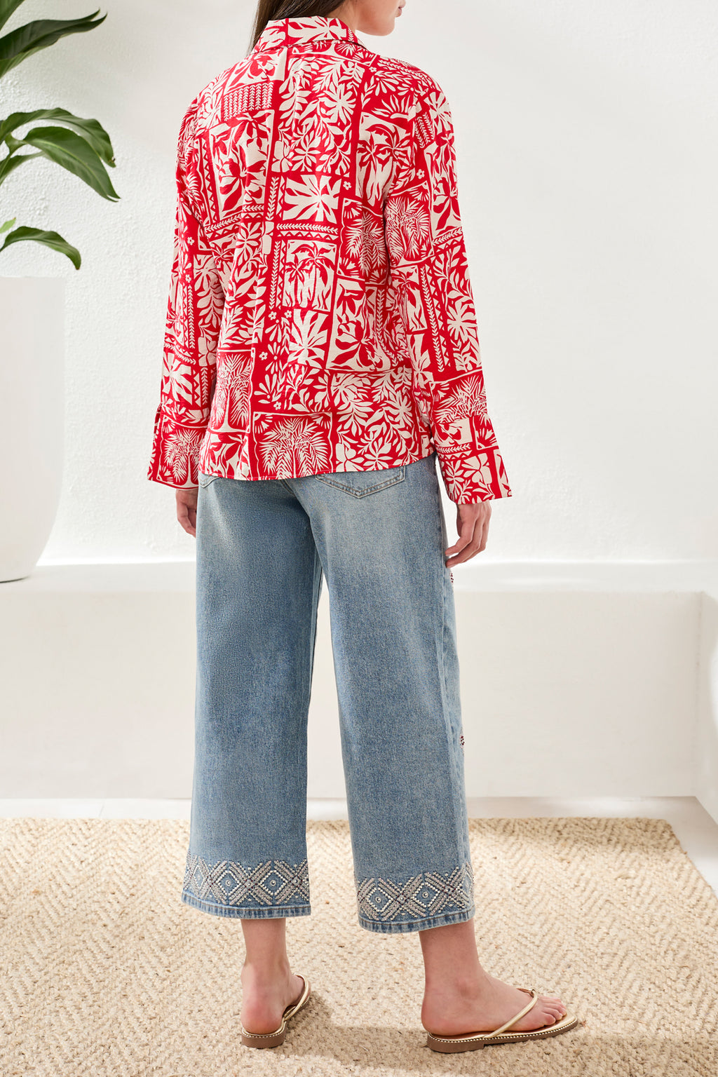 Printed Textured Challis Blouse With Tie Front