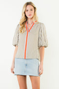 Puff Sleeve Striped V-Neck Trim Top