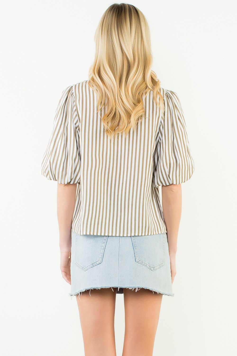Puff Sleeve Striped V-Neck Trim Top